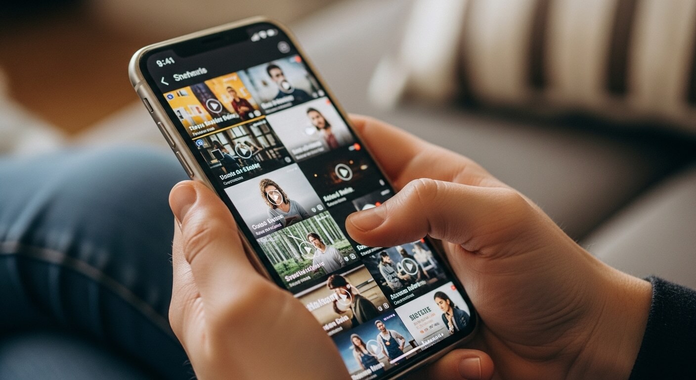 Person browsing a streaming app on a smartphone showing various video thumbnails and play buttons.