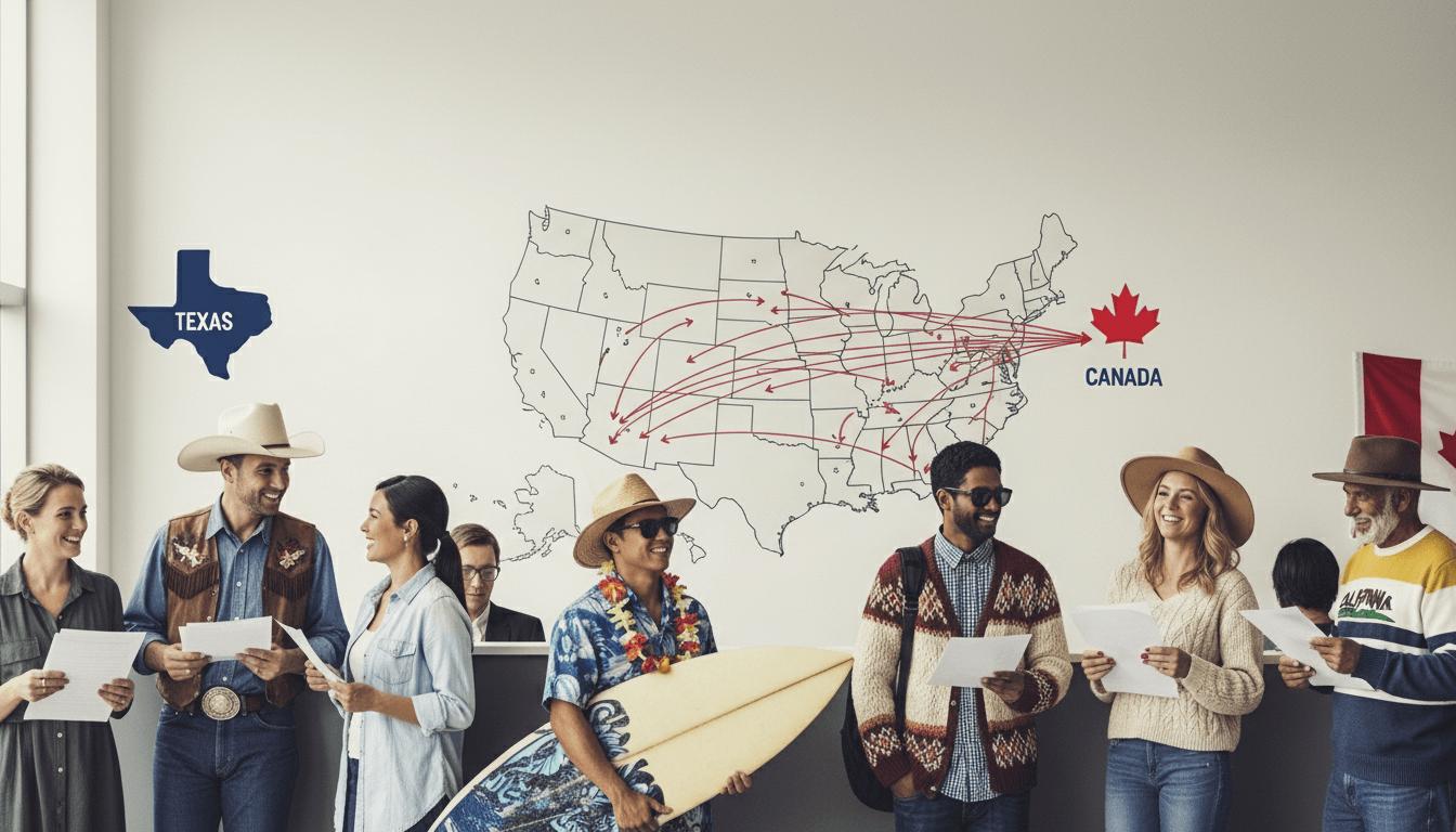 Diverse group of people in casual and themed clothing holding papers, standing in front of a US map with Texas and Canada marked.