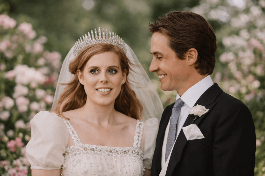 Bride wearing a jeweled tiara and puffed sleeve dress standing next to groom in black suit with white rose boutonniere outdoors