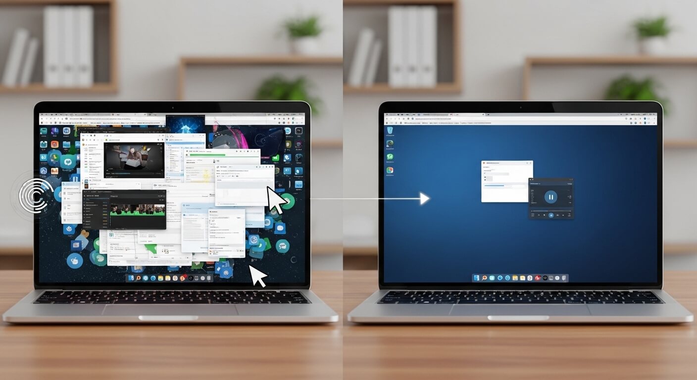 Two laptops showing a desktop cleanup process with multiple windows consolidated into a simplified screen.