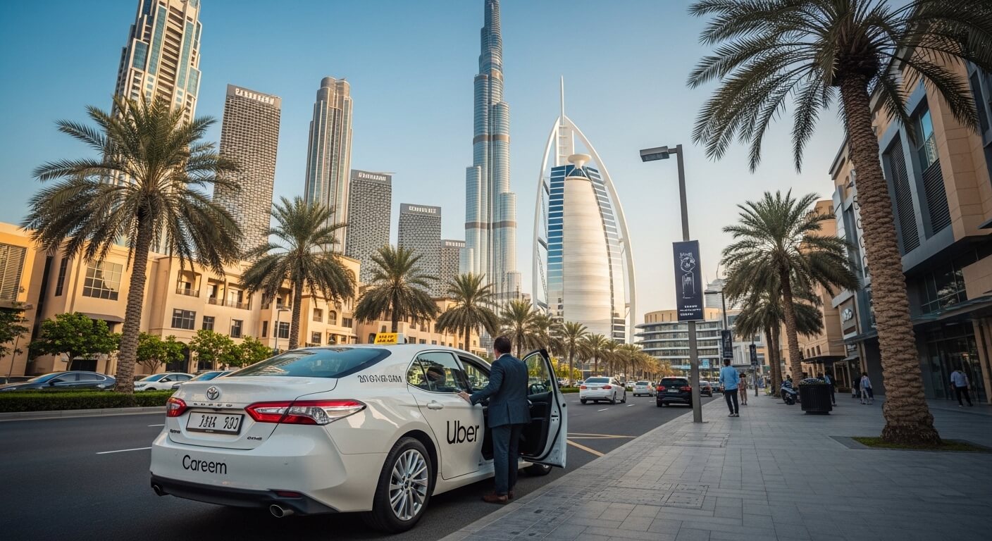 Man entering a white Toyota Uber Careem car on a Dubai street with Burj Khalifa and Burj Al Arab in the background