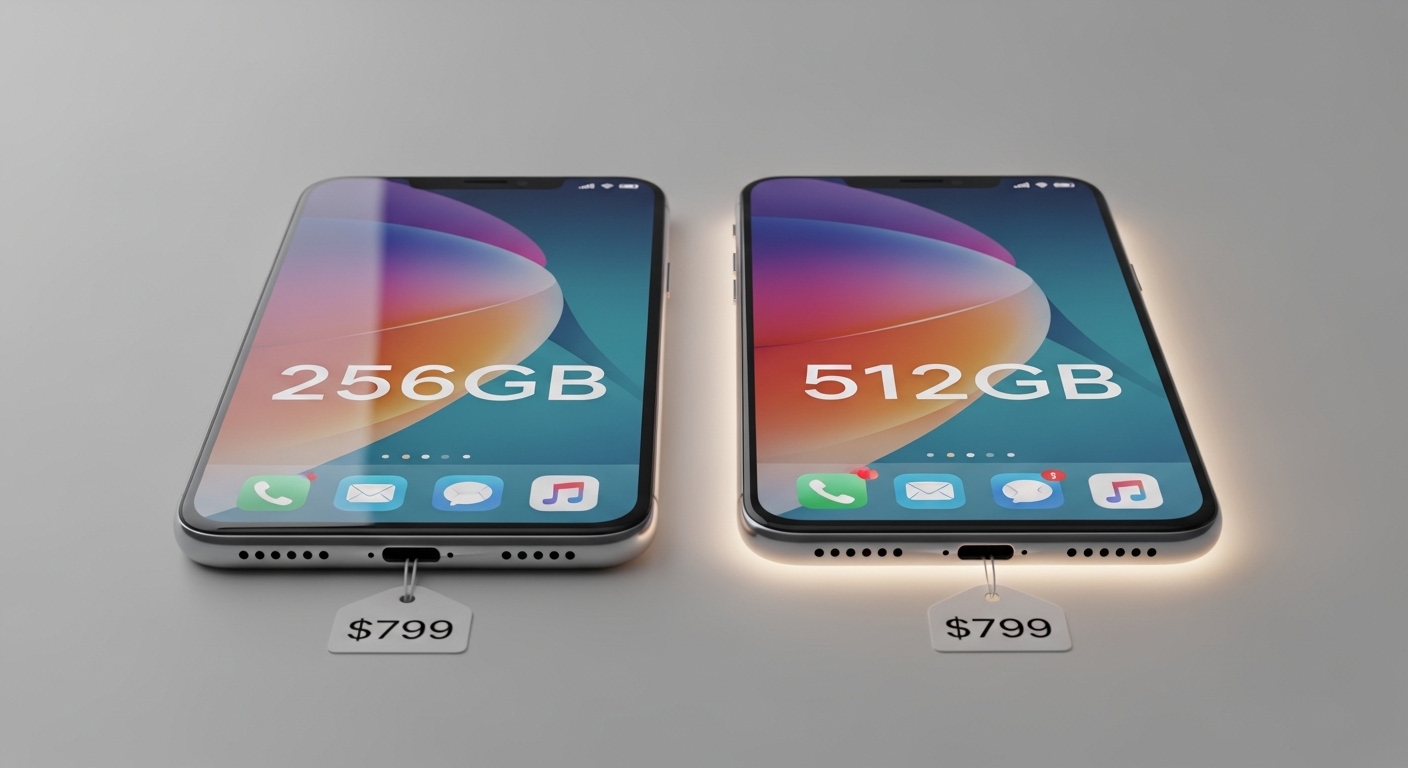 Two smartphones showing 256GB and 512GB storage options, each priced at $799.