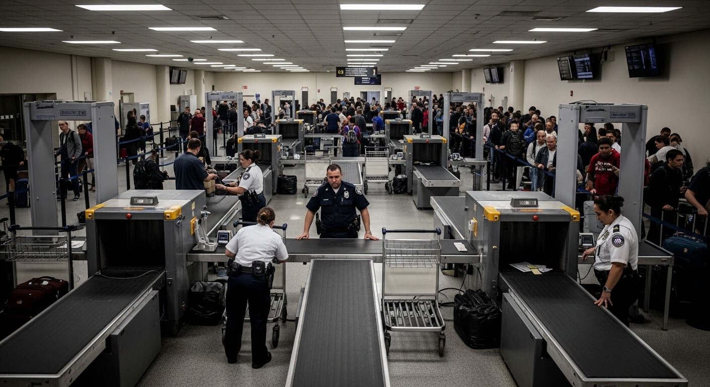 Airport security officers inspecting luggage at multiple X-ray machines with passengers waiting in line
