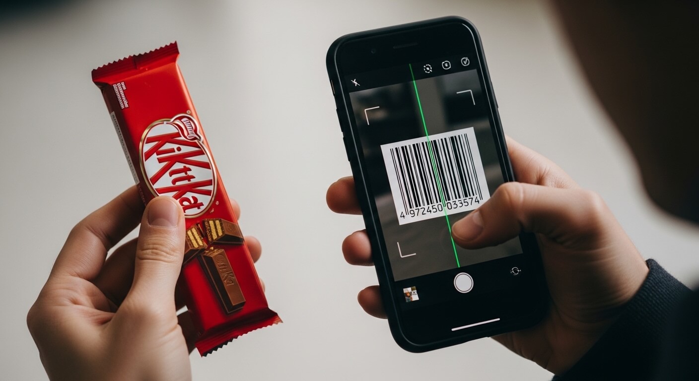 Person scanning KitKat chocolate bar barcode with smartphone camera app