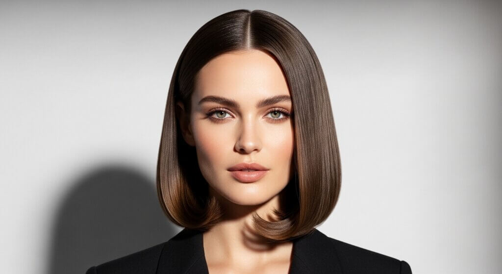 Woman with sleek, straight brown bob hairstyle and natural makeup wearing a black blazer against a gray background.