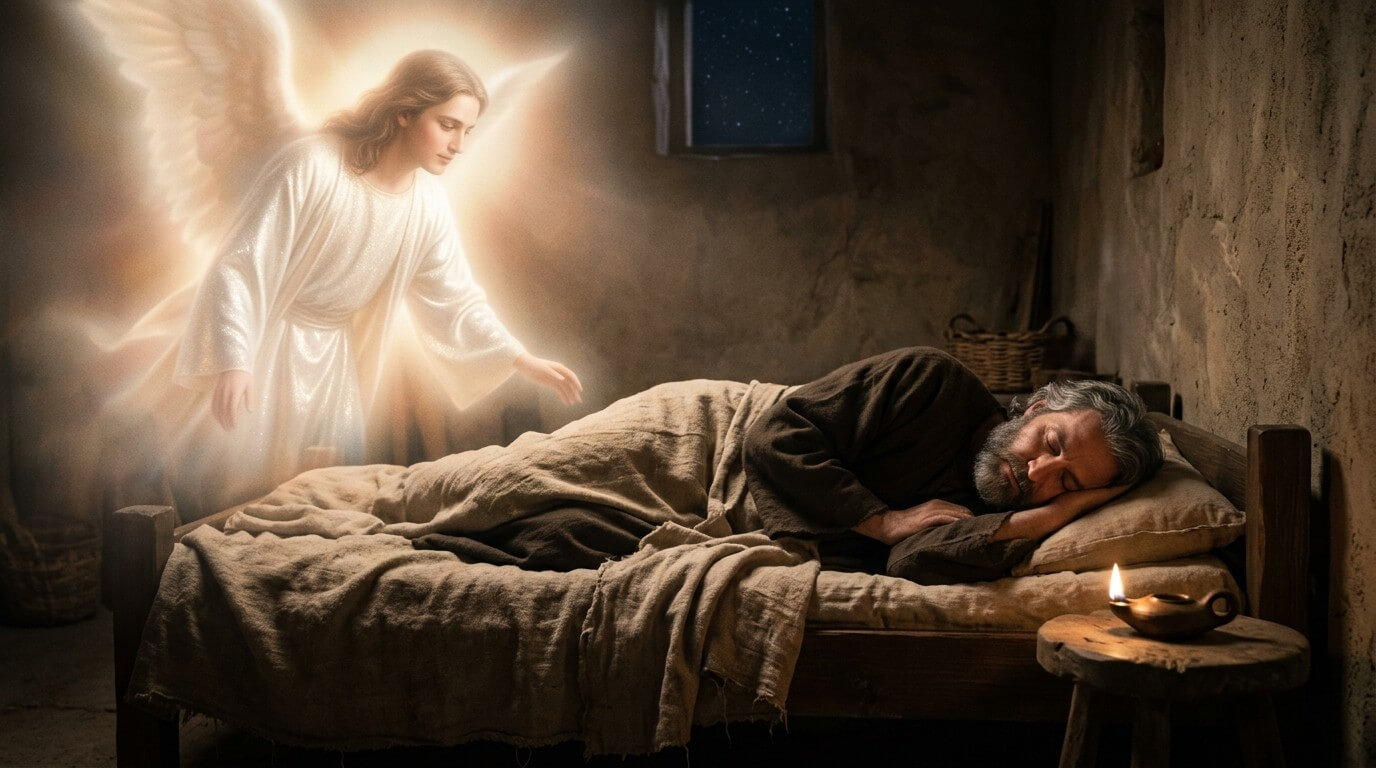 Glowing angel in white robes watching over a sleeping bearded man in a rustic room by a small oil lamp.