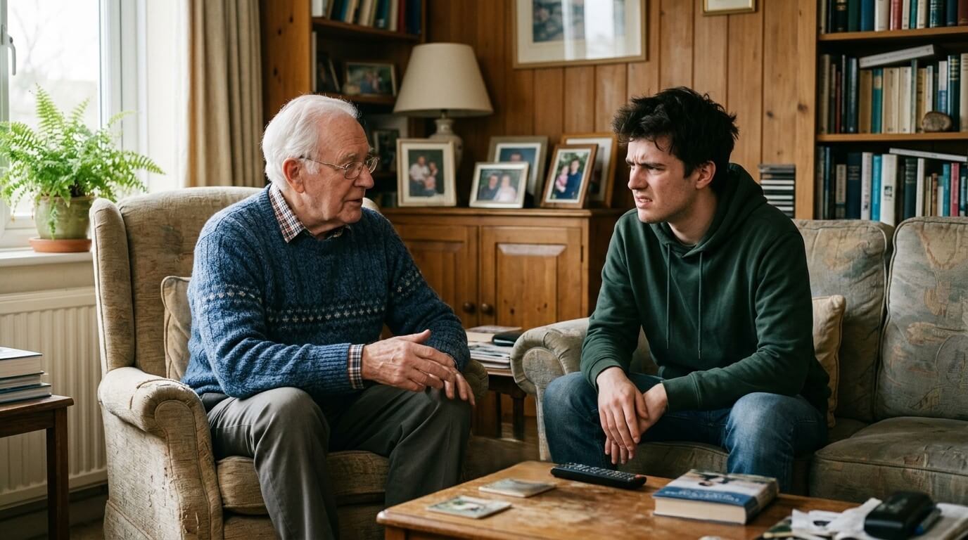 Elderly man in blue sweater talking to a young man in a green hoodie sitting in a living room.