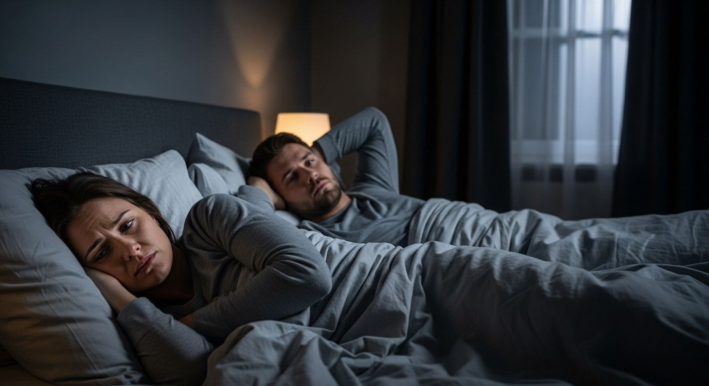 Couple lying in bed facing away from each other, appearing upset or distant at night.
