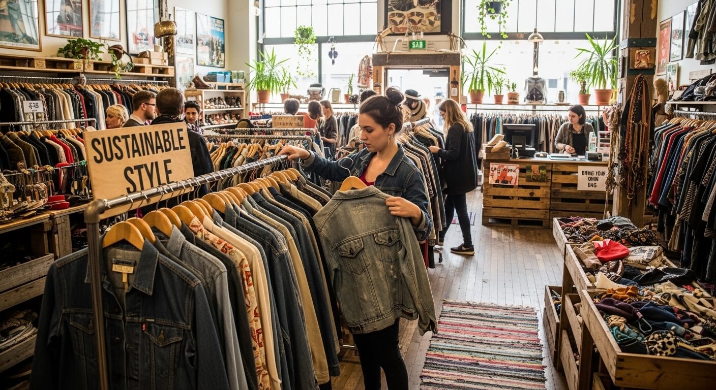 Woman browsing denim jackets in a sustainable style clothing store with other shoppers and plants in the background