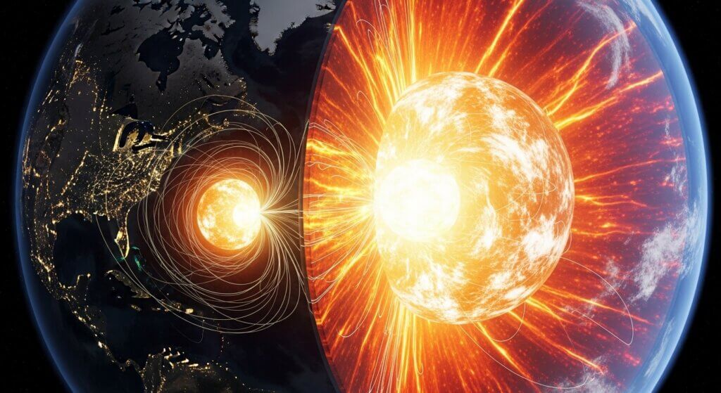 Cross-section of Earth showing its glowing molten core and magnetic field lines extending into space.