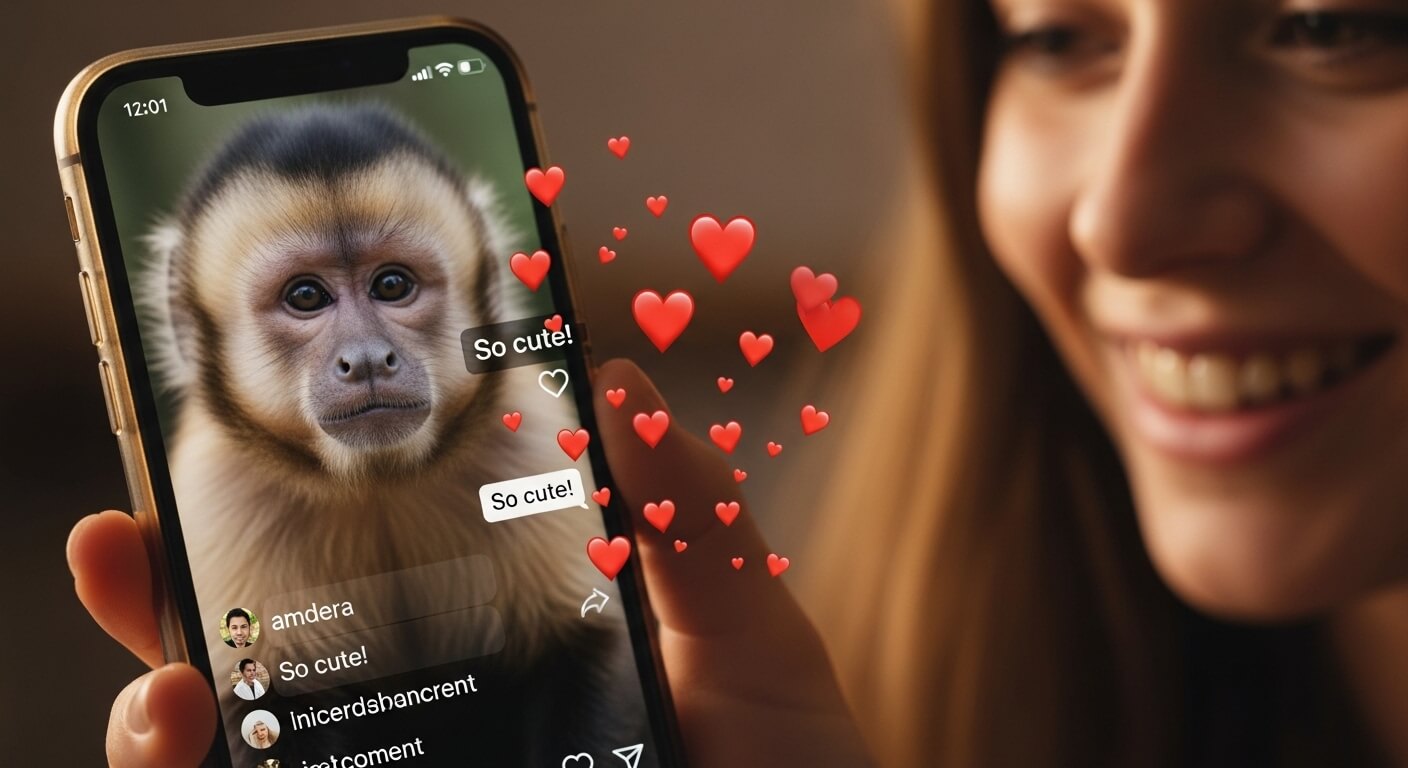 Woman holding smartphone showing a monkey photo with heart emojis and comments saying "So cute!"