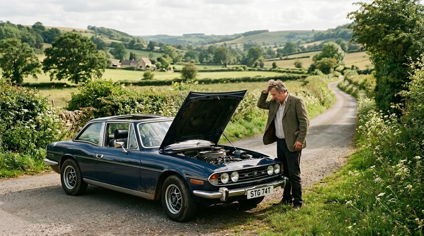 Man in a blazer inspecting a classic blue Triumph Stag car with its hood open on a rural road.