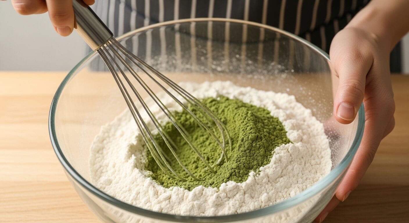 Hands whisking green matcha powder into white flour in a glass bowl on a wooden surface