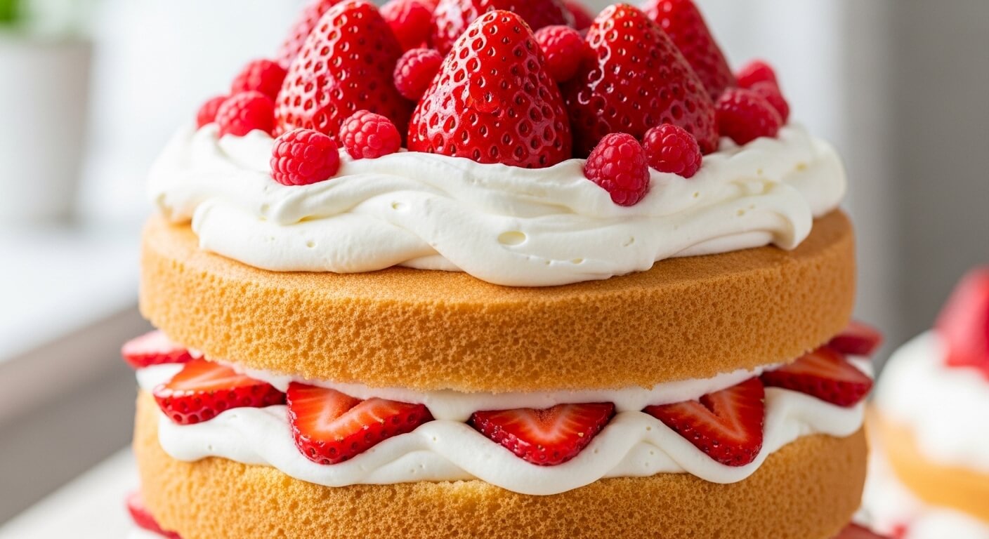 Two-layer sponge cake with whipped cream, fresh strawberries, and raspberries on top and between layers