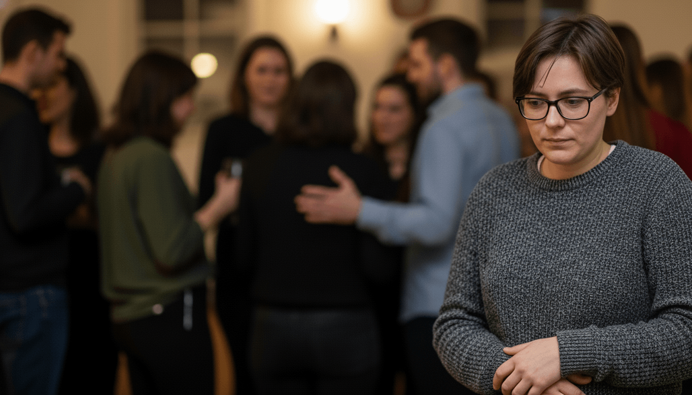 Woman in glasses and gray sweater standing apart from a group of people socializing indoors