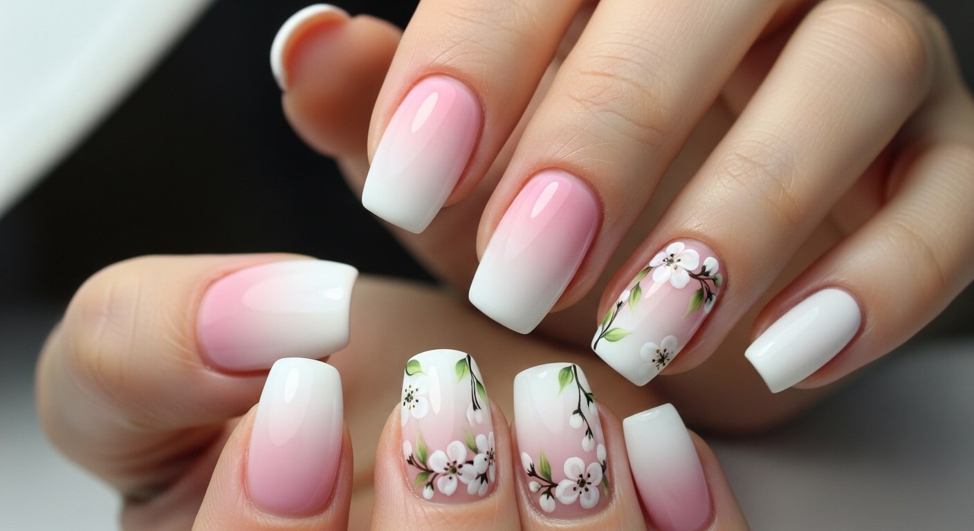 Pink and white ombre nails with white floral designs on two nails