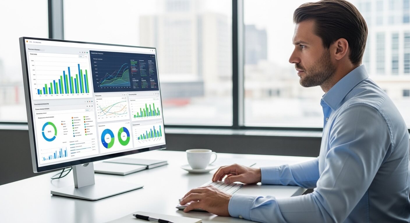 Man in blue shirt analyzing financial charts and graphs on a desktop monitor in an office.