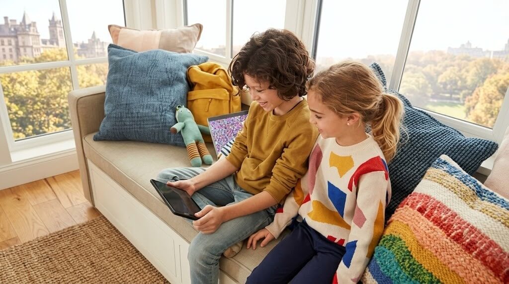 Two children sitting on a couch looking at a tablet with a cityscape visible through large windows behind them.