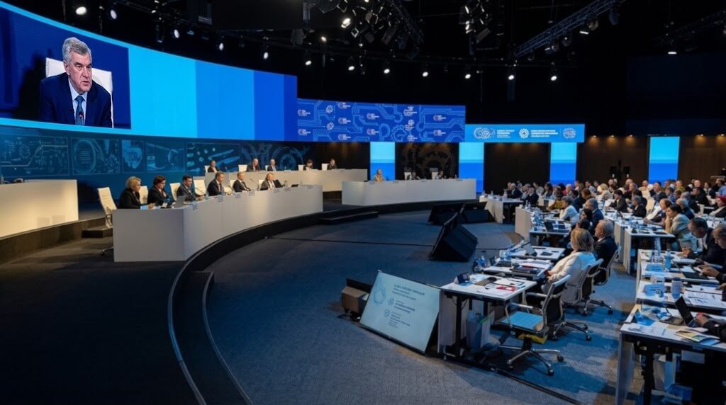 Conference panel with multiple speakers and audience in a large modern auditorium with blue digital displays