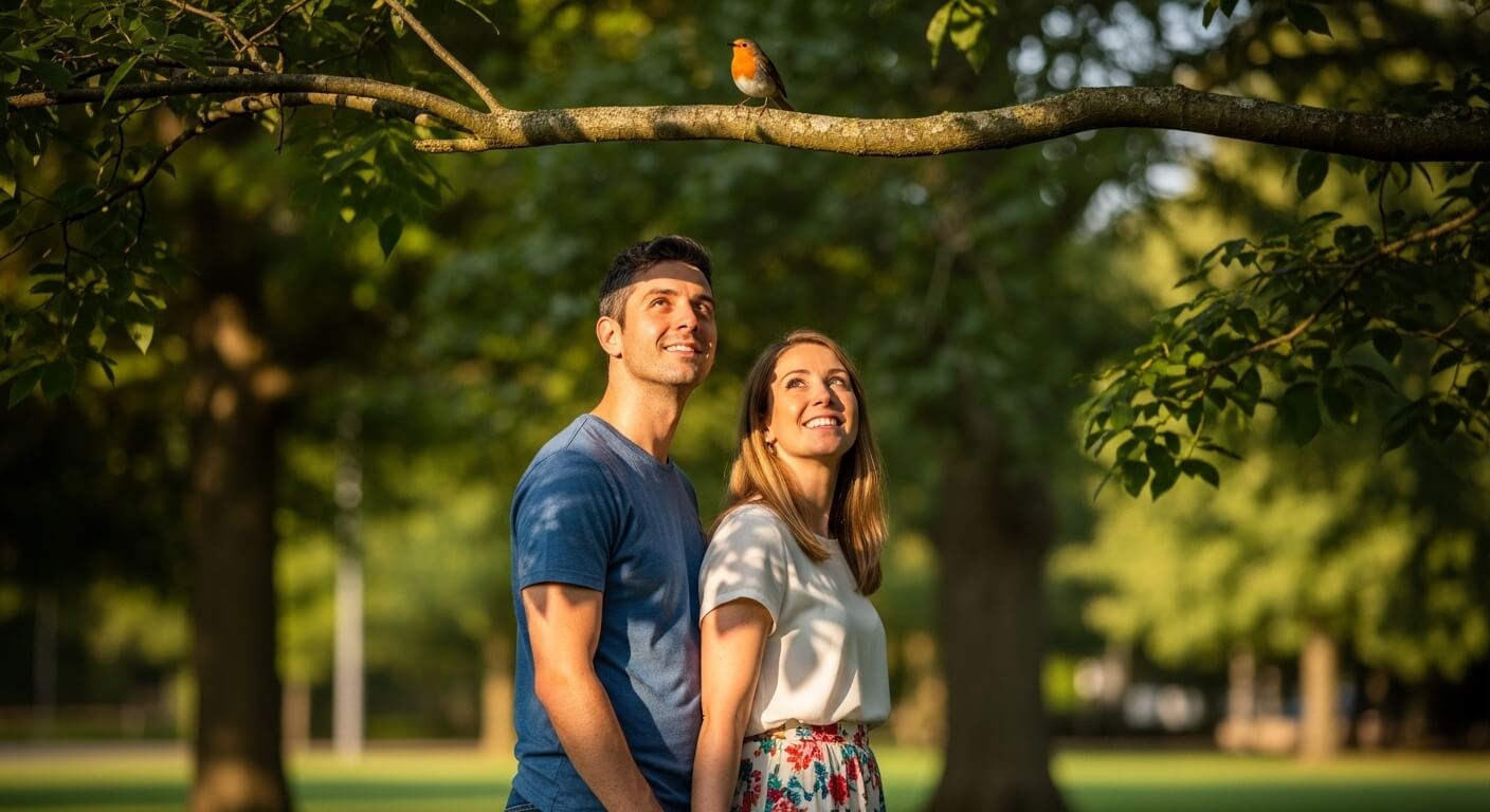 Couple standing in a park looking up at a robin perched on a tree branch above them.