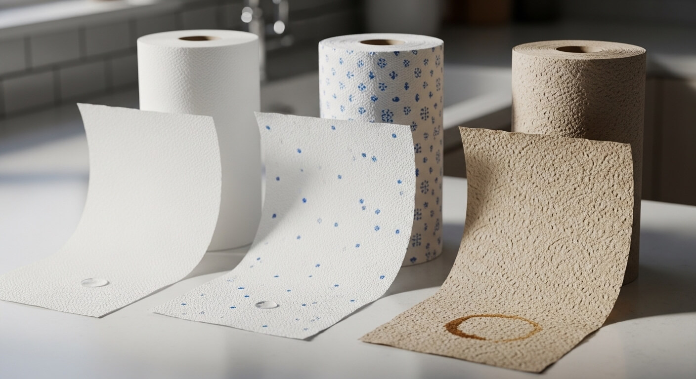 Three types of paper towels with water droplets on the sheets, showing absorbency differences.