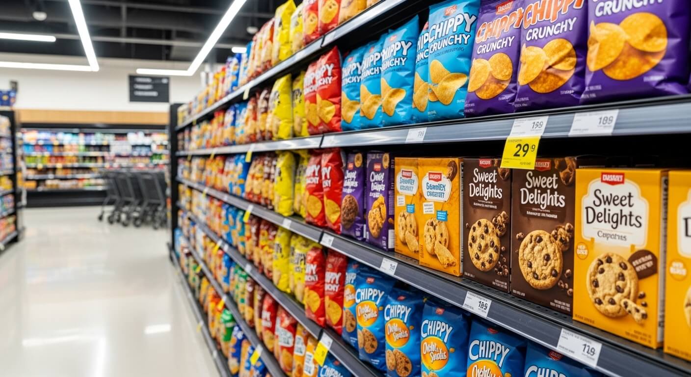 Supermarket aisle with shelves stocked with Chippy crunchy chips and Sweet Delights cookies.