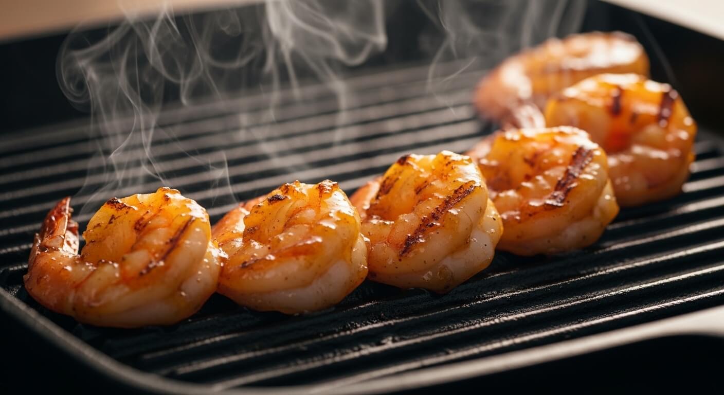 Grilled shrimp with char marks steaming on a black grill pan in a row