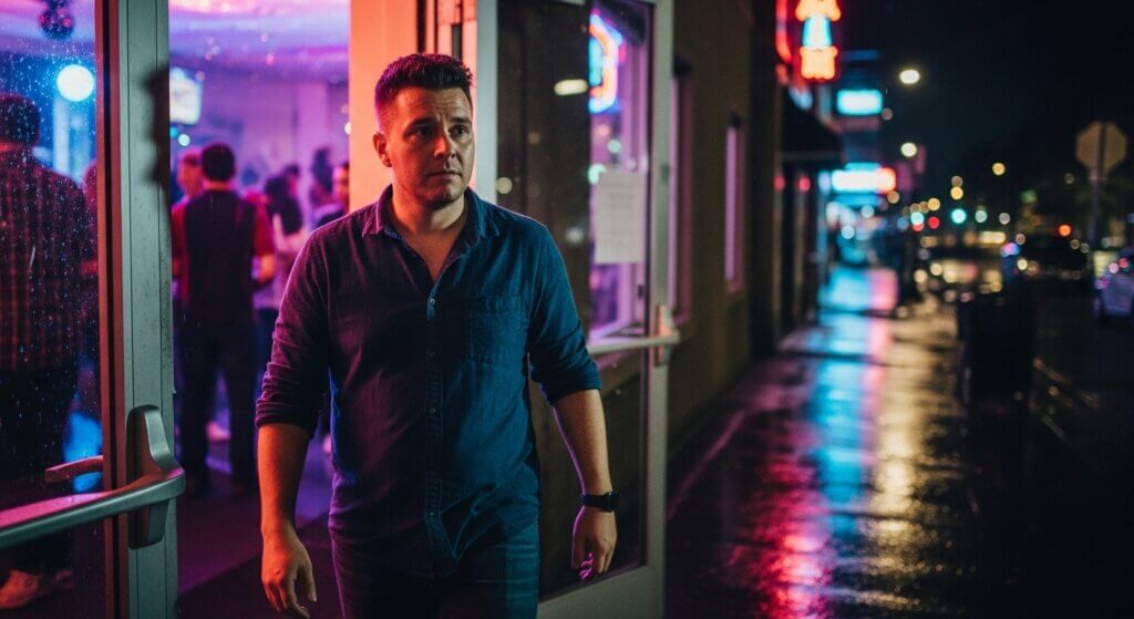 Man in blue shirt walking out of a neon-lit venue onto a wet city sidewalk at night