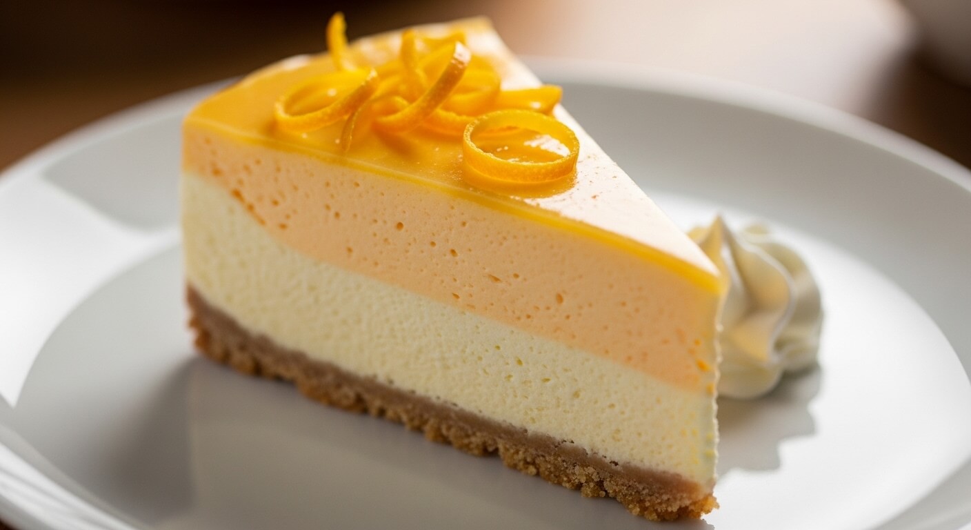 Slice of layered orange mousse cake with whipped cream on a white plate