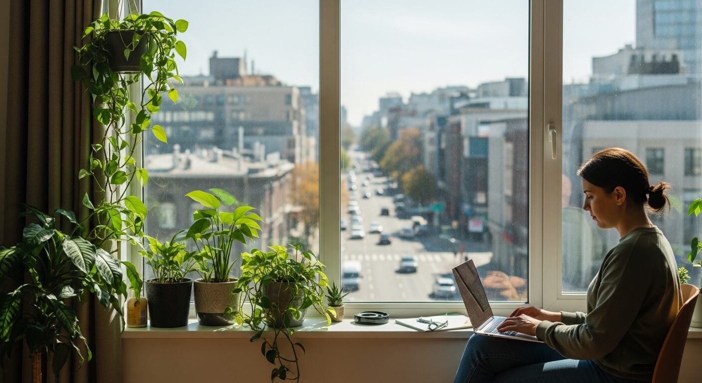 Woman working on a laptop by a window with potted plants overlooking a city street during daytime