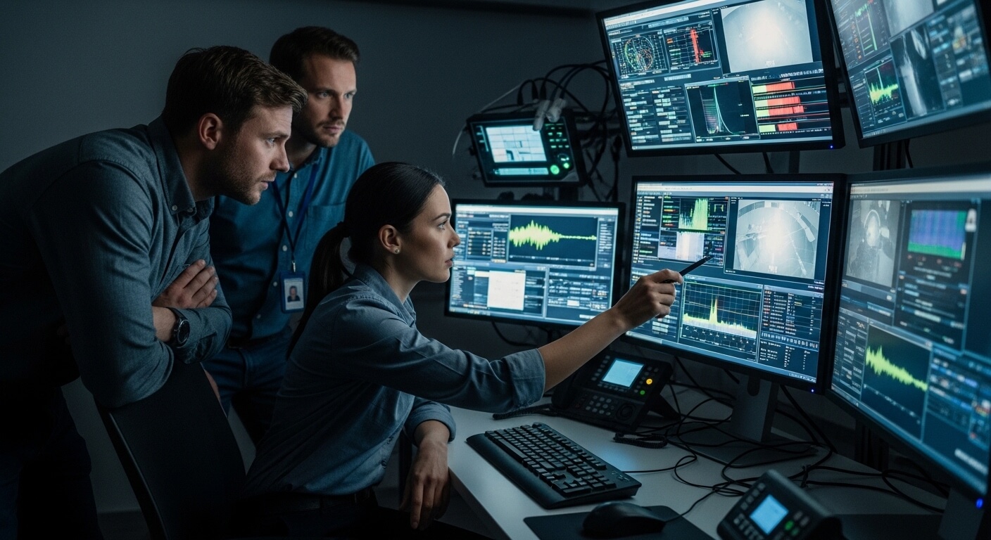 Three analysts monitoring data and security footage on multiple computer screens in a dark control room.