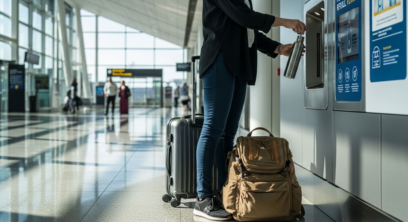 Person refilling a stainless steel water bottle at a water refill station in an airport terminal.