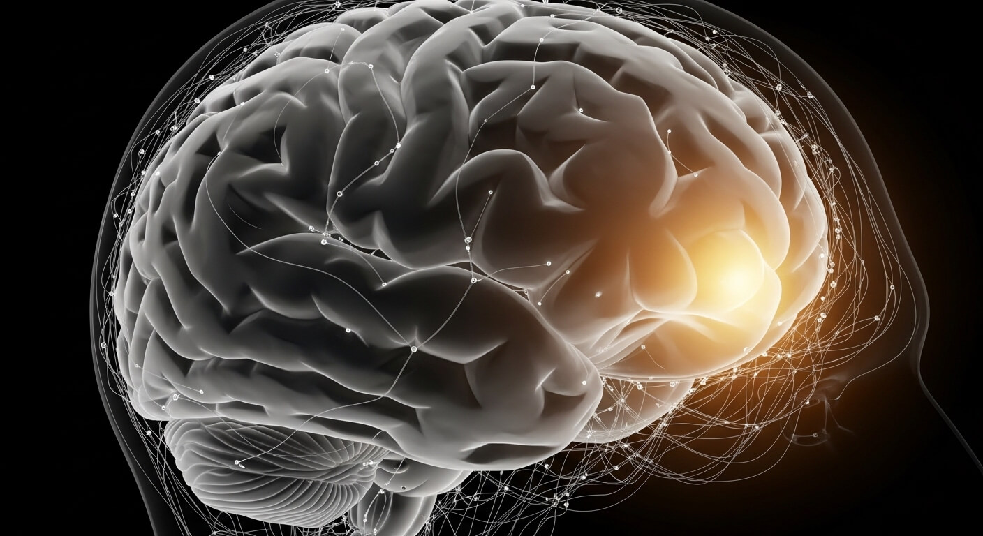 3D illustration of a human brain with neural connections and a glowing area in the frontal lobe.