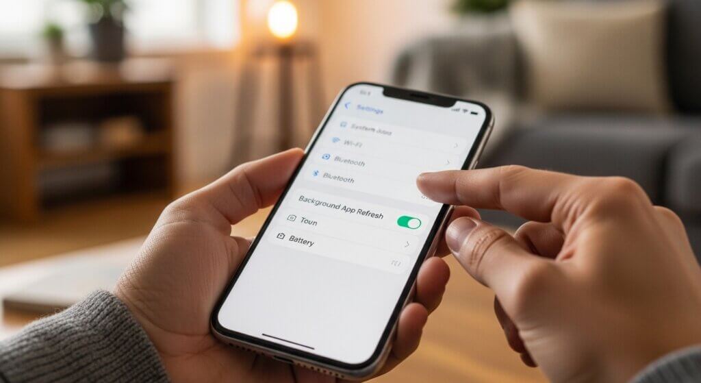 Person adjusting Background App Refresh setting on iPhone in a cozy living room environment