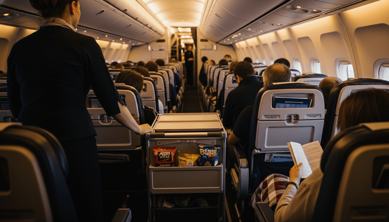 Flight attendant pushing a snack cart down the aisle of a commercial airplane with passengers seated.