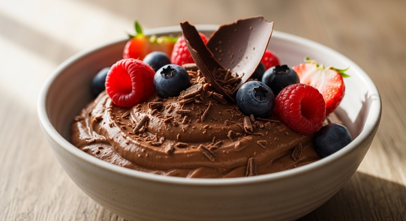 Bowl of chocolate mousse topped with raspberries, blueberries, strawberry halves, and chocolate shavings.