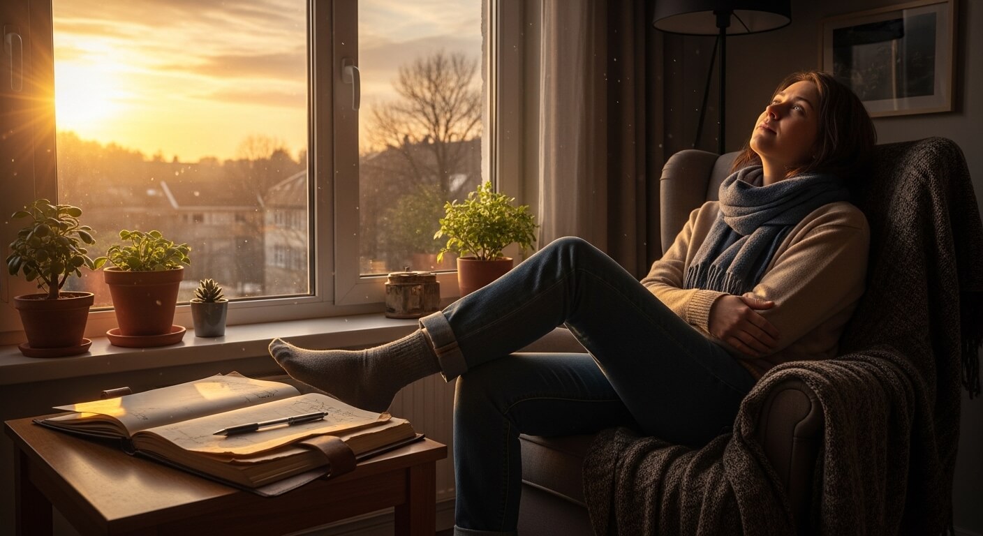 Woman in scarf and sweater sitting in armchair by window at sunset with open notebook on table and potted plants on windowsill