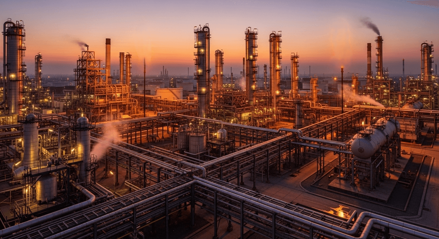 Oil refinery with illuminated towers and pipelines at sunset emitting smoke and steam.
