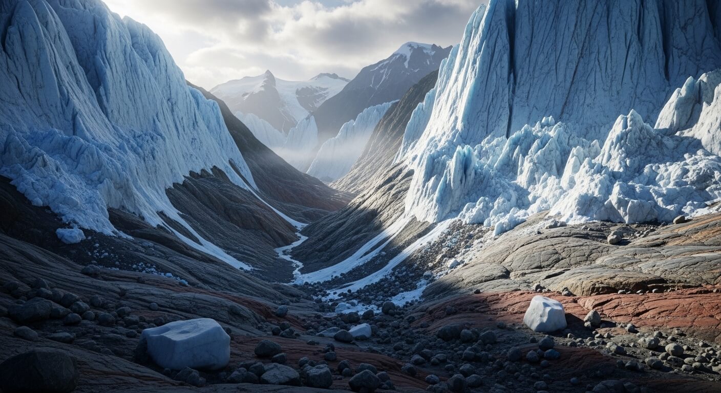 Glacier valley with towering blue ice walls and rocky terrain under a cloudy sky.