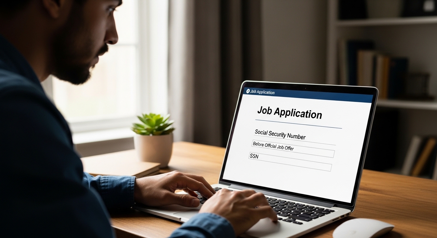 Man filling out an online job application form requesting Social Security Number on a laptop at a desk
