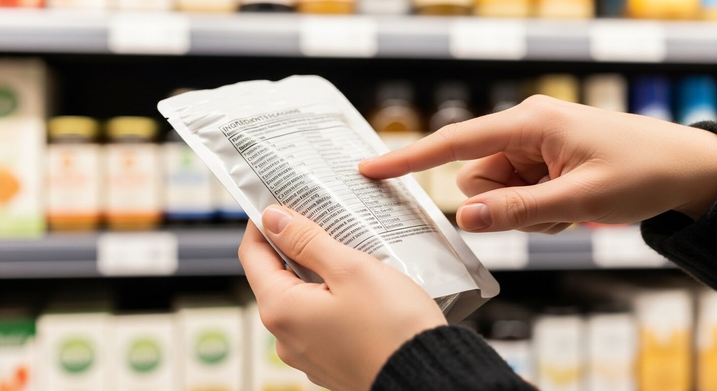 Person reading ingredients and nutrition facts on a white packaged product in a store aisle
