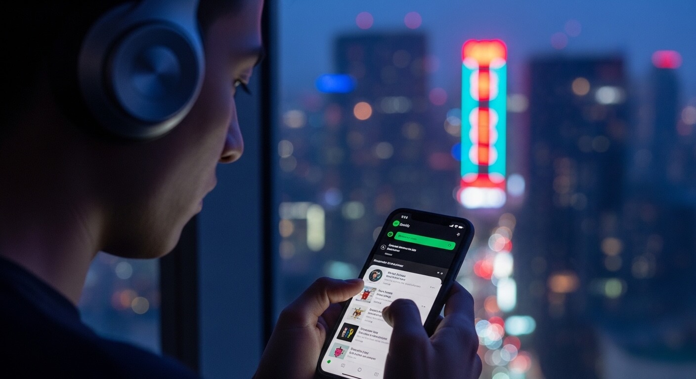 Person wearing headphones using Spotify app on smartphone with city lights in the background at night