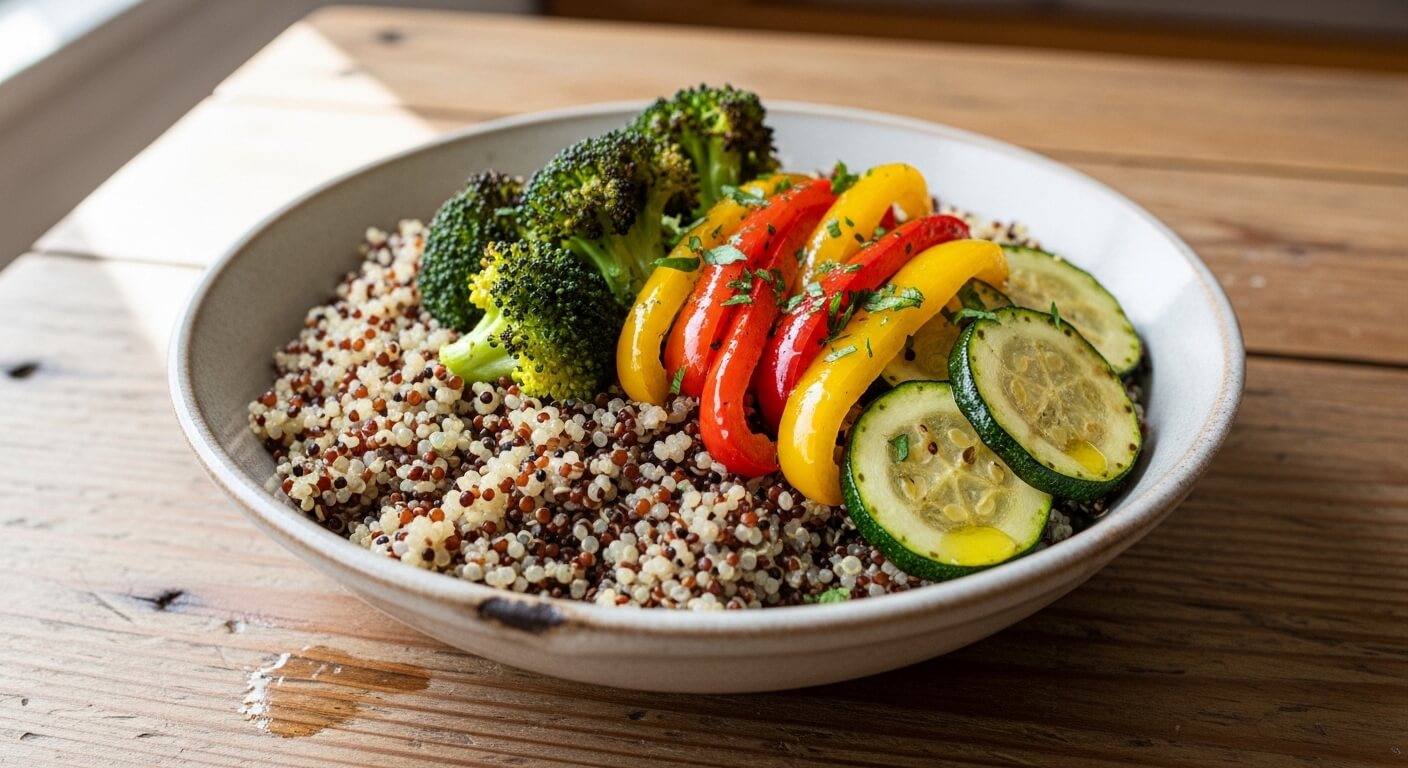 Bowl of quinoa topped with roasted broccoli, red and yellow bell peppers, and zucchini slices garnished with herbs.