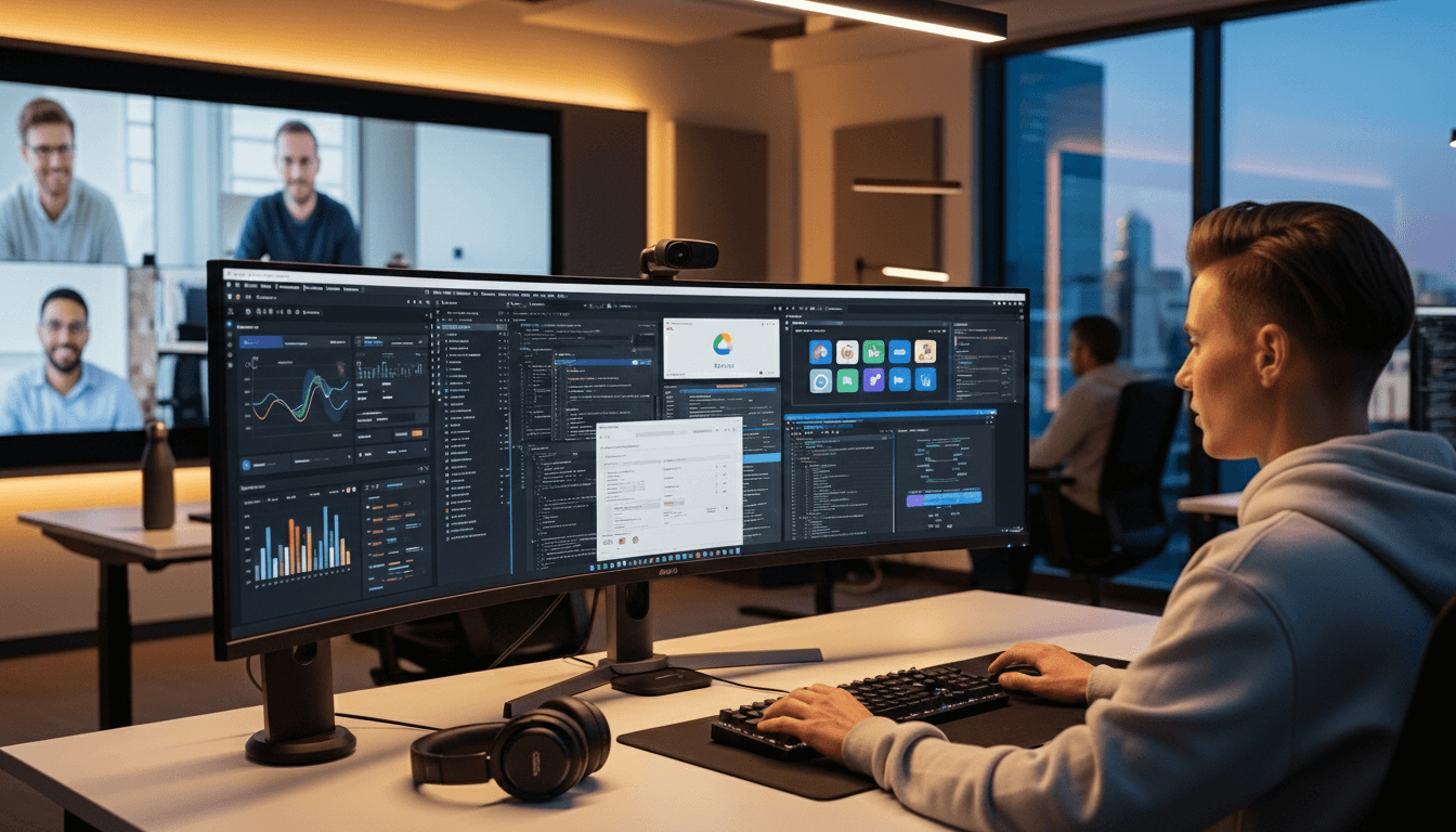Person coding on an ultra-wide monitor with data charts and video call in a modern office at dusk.