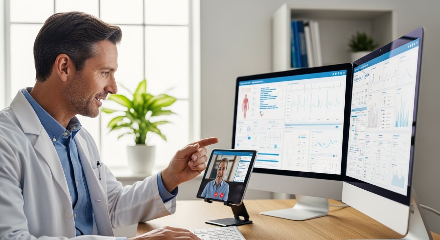 Doctor in white coat conducting a telemedicine video call with patient while reviewing medical data on dual monitors.