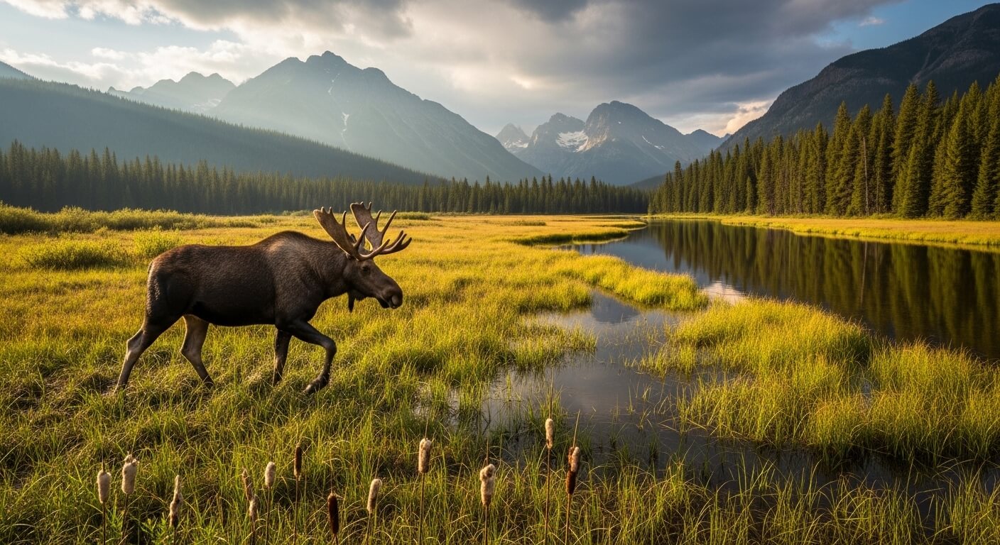 Bull moose walking through grassy wetland near a river with pine forest and mountains in the background at sunset