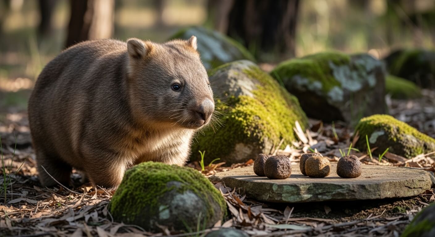 Wombat standing near moss-covered rocks and round droppings on a flat stone in a forest setting.