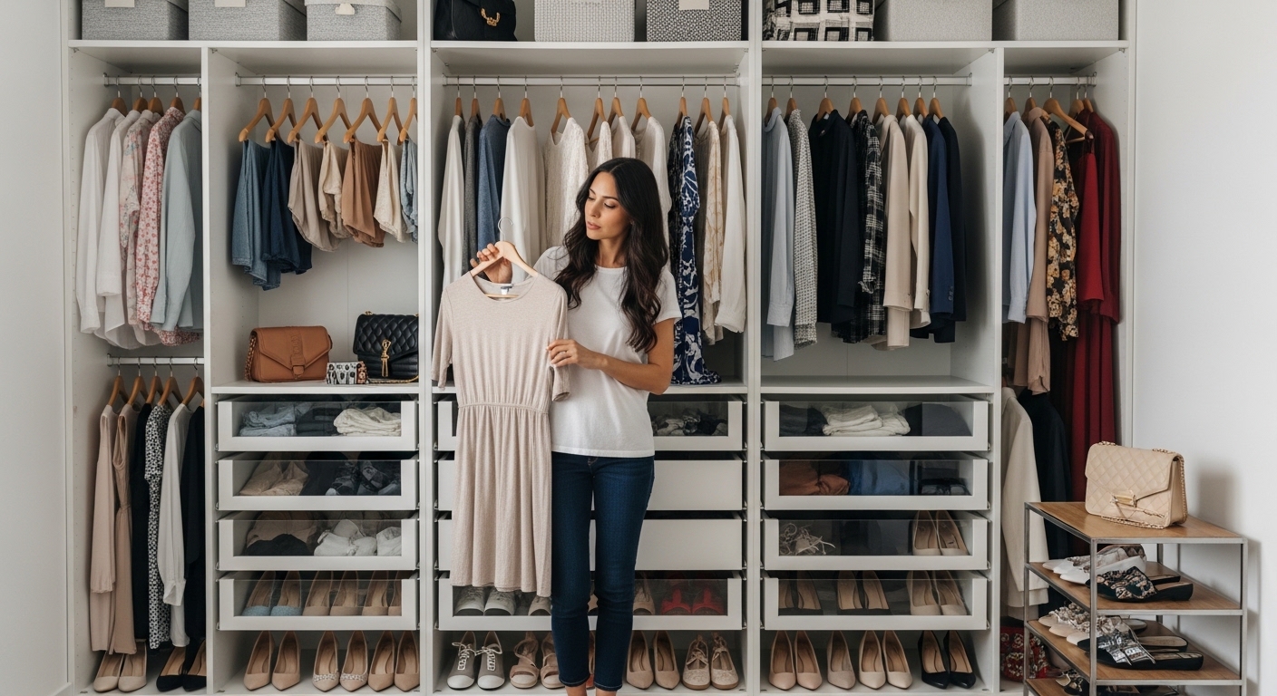 Woman holding beige dress in organized walk-in closet with shoes, handbags, and clothes on hangers and shelves