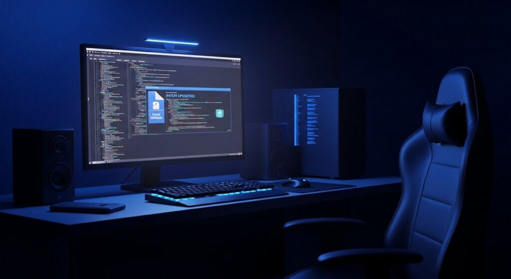 Dark-themed computer setup with code on monitor, mechanical keyboard with blue backlight, speakers, and ergonomic chair.