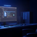 Dark-themed computer setup with code on monitor, mechanical keyboard with blue backlight, speakers, and ergonomic chair.